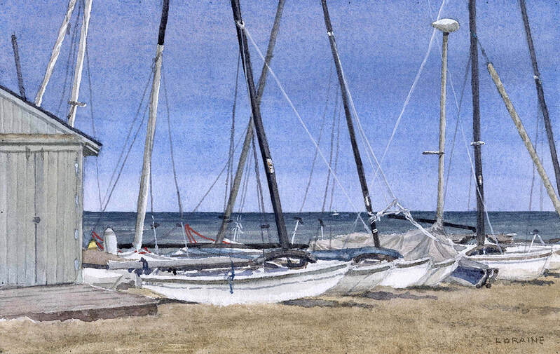 watercolor painting boats at lake