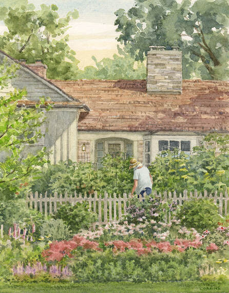 watercolor house and garden portrait