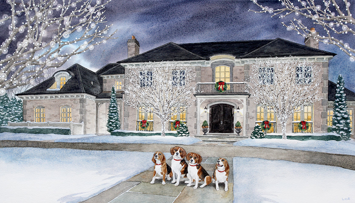 watercolor holiday house and pet portrait